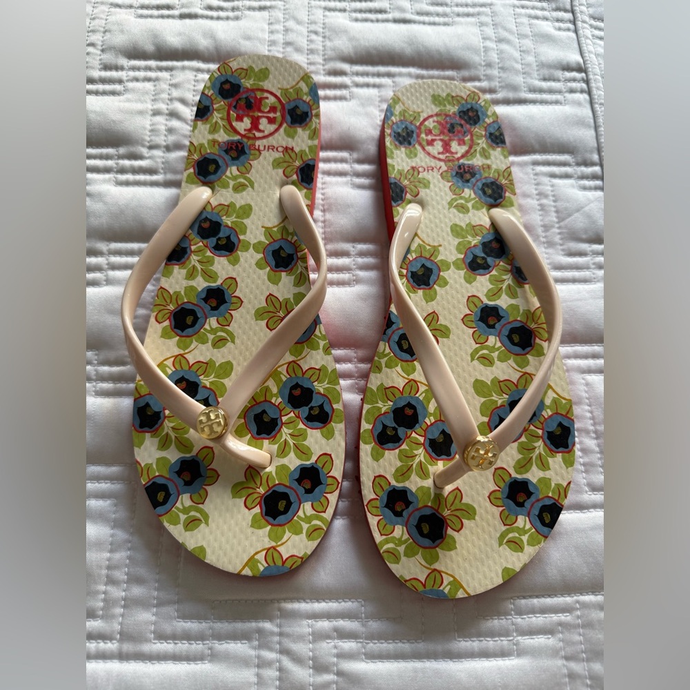 Tort Burch Floral Flip Flops with Gold Accents